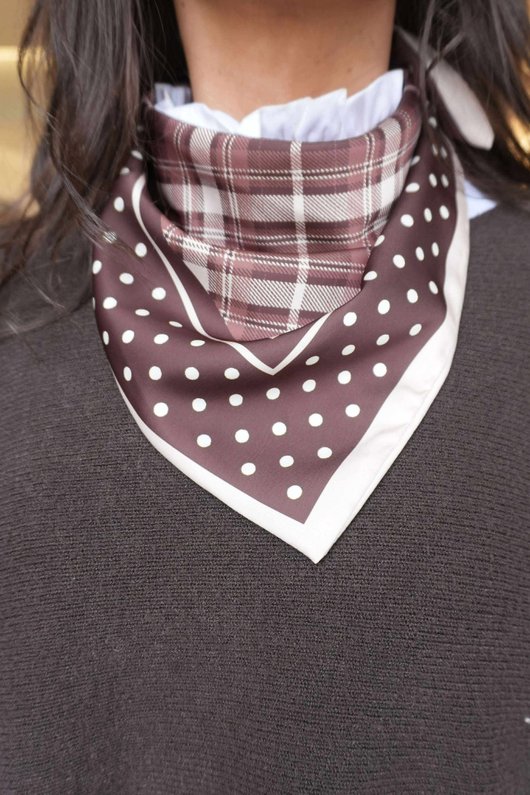 Plaid & Polka Border Triangle Silk Neckerchief Brown